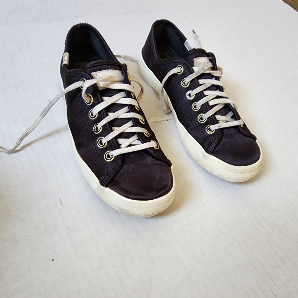 KATE SPADE  black satin tennis shoes with gold trim 7M